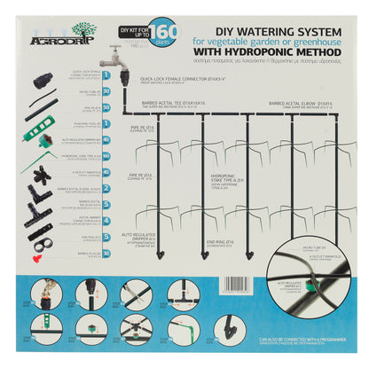 Uitgebreide inhoud van de complete beregeningsset voor 160 planten voor moestuin of kas. Inclusief makkelijke instructies om te installeren.